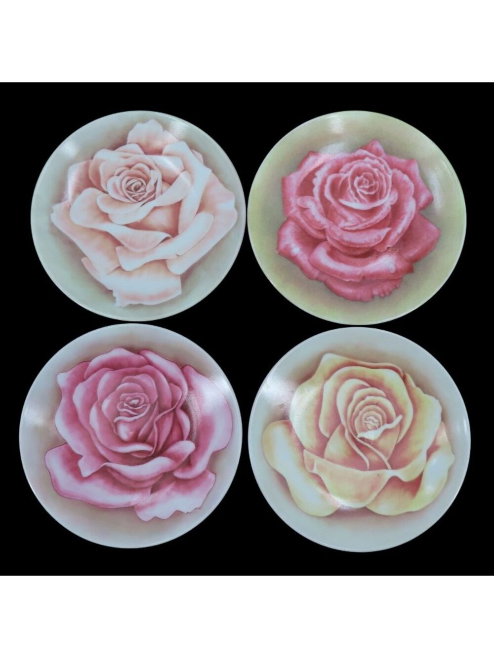 Set 4 Pink Beige Rose Flower Floral Decorative Plates 6in Shabby Farmhouse Chic
